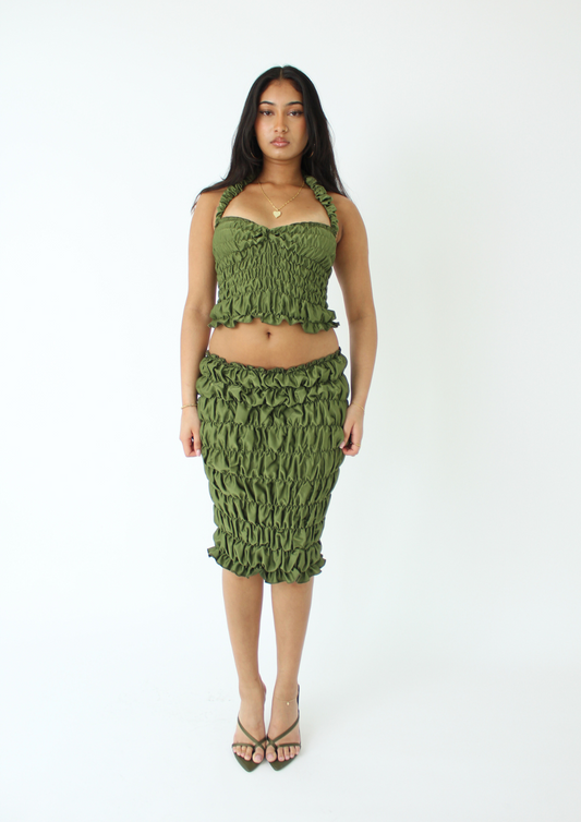 The Scrunchie Midi Skirt In Olive Green