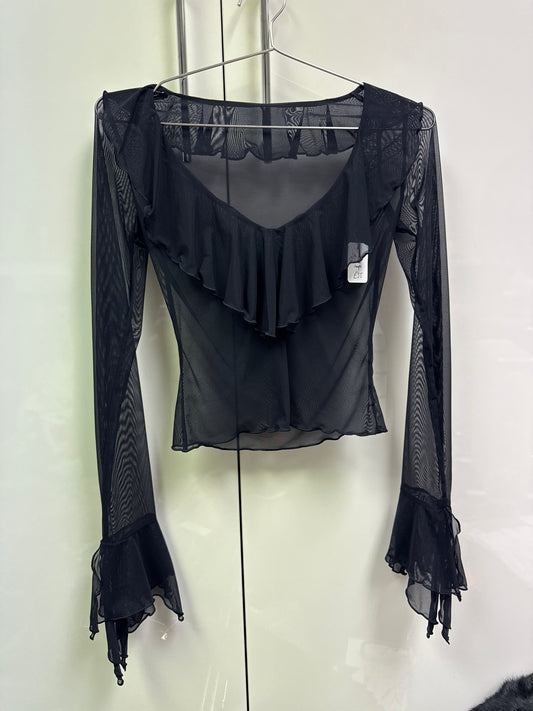 Waterfall frill top in black mesh size 8