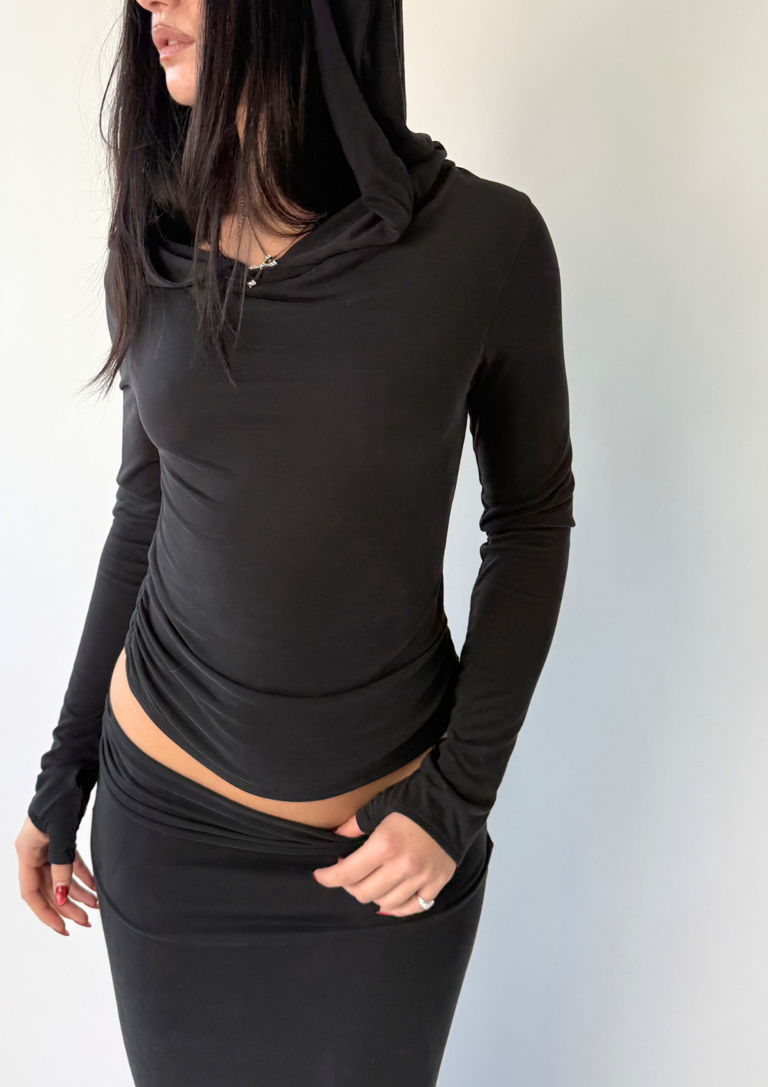 Modal Hooded Drape Top In Black