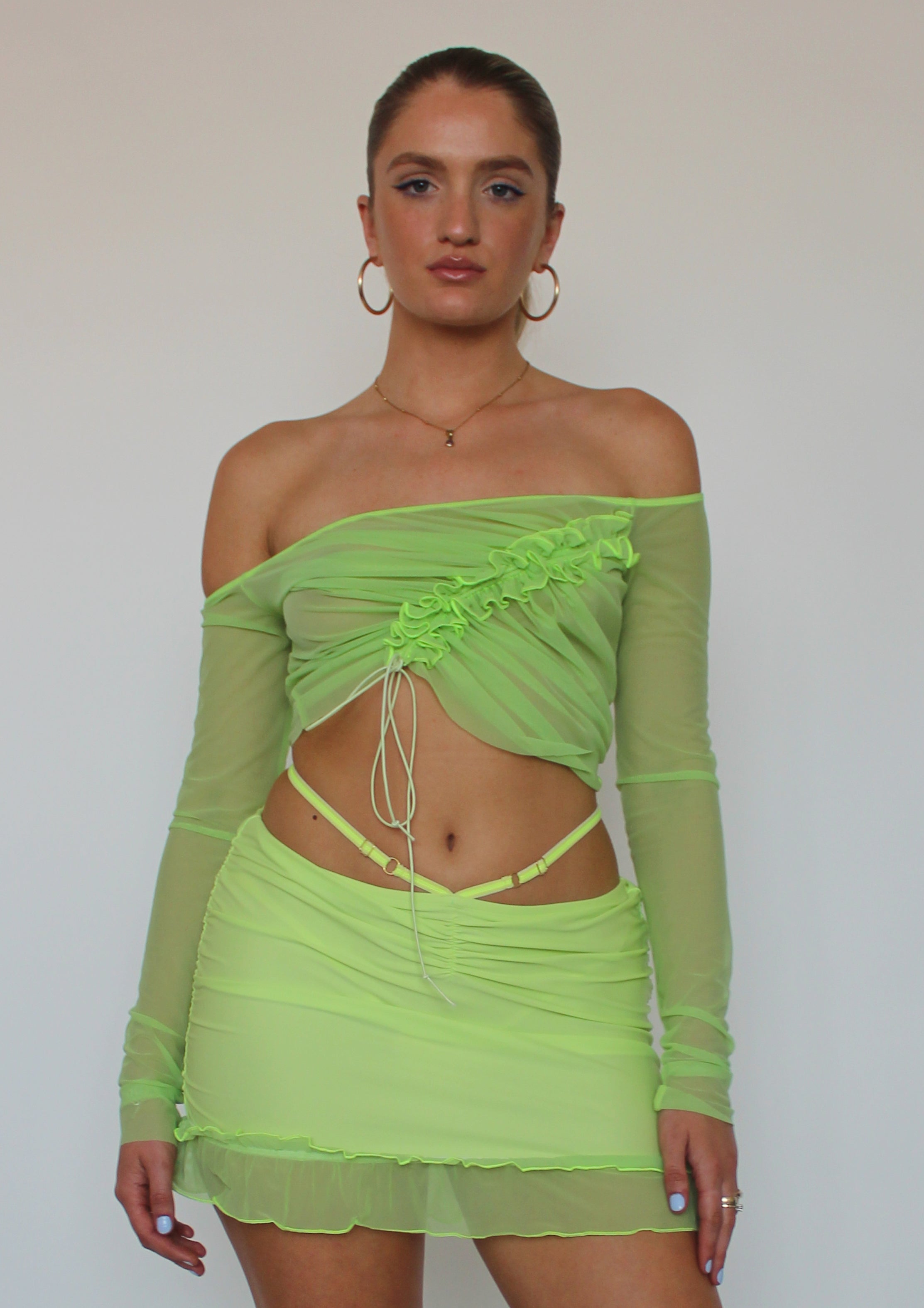 Ruffle Raw Edge Bardot Top In Lime Green EMRLD