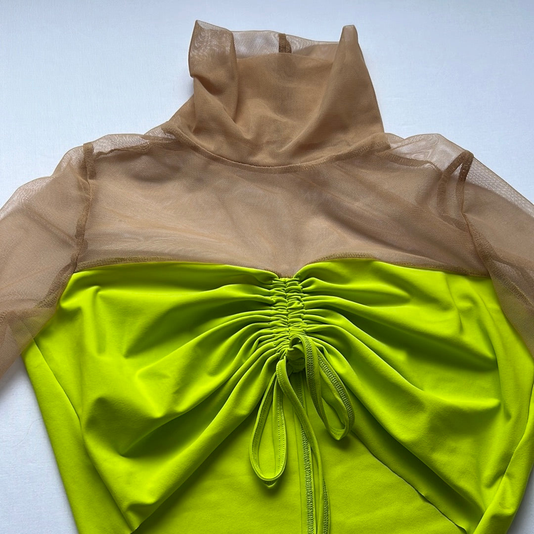 Green and nude mesh long sleeve ruch sample